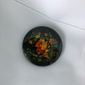 Vtg Black Floral Hand Painted Brooch